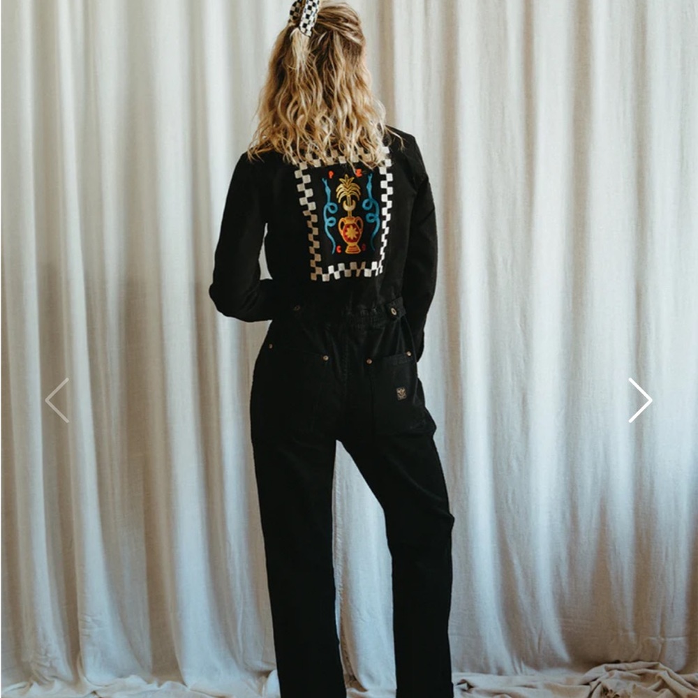 Black Embroidered Denim Jumpsuit